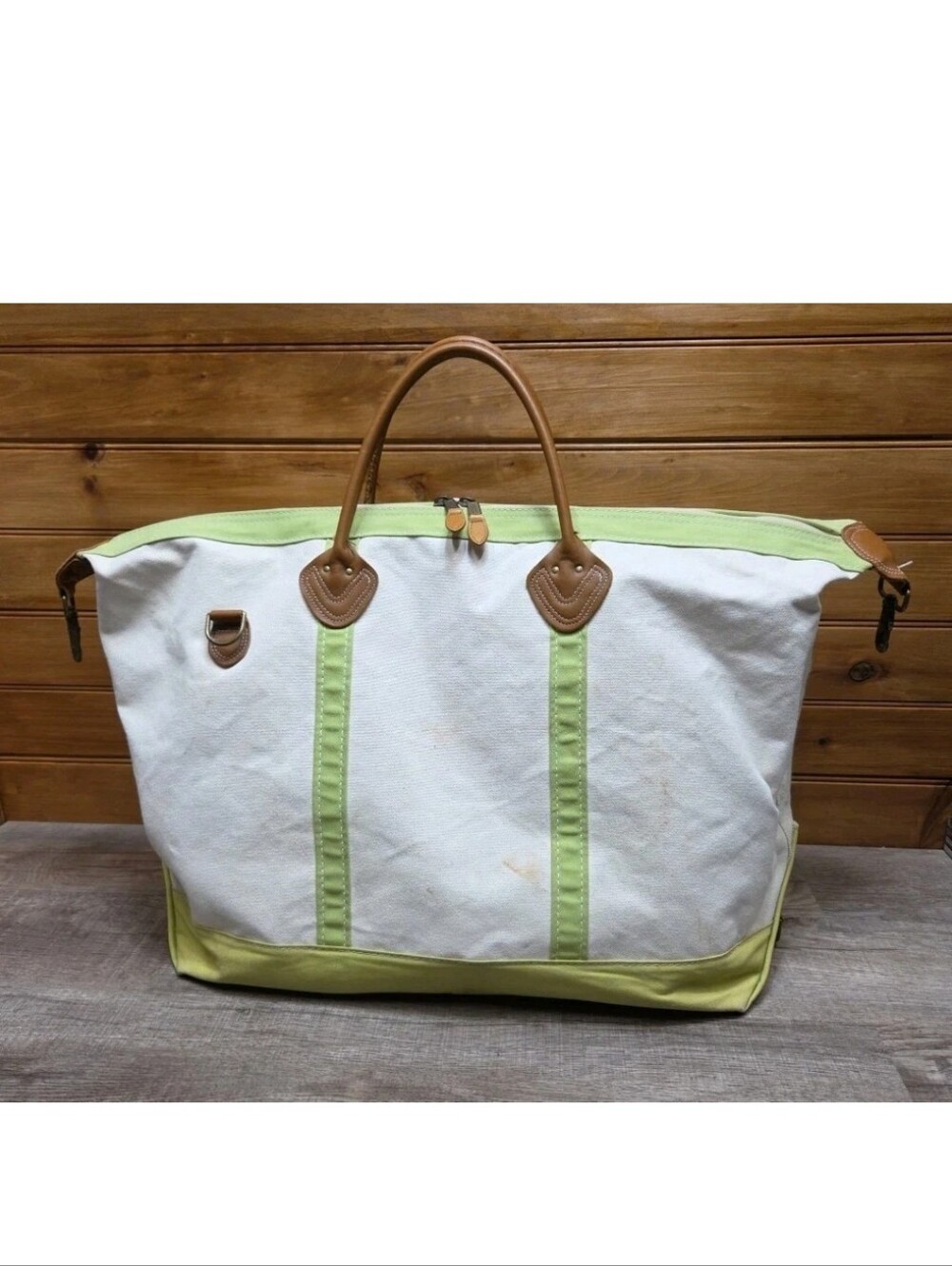 LL Bean Boat & Tote White and Lime with Brown Leather Handles